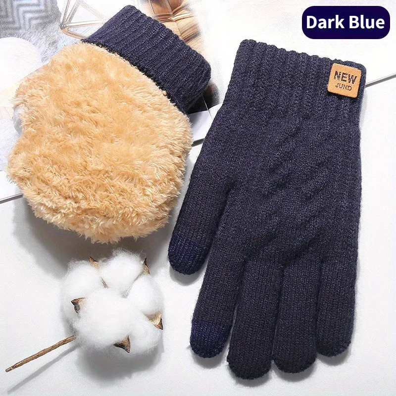 1 Pair Winter Thickened Gloves, Double Layer Velvet Touch Screen Gloves, Windproof Knitted Gloves For Outdoor Cycling Running