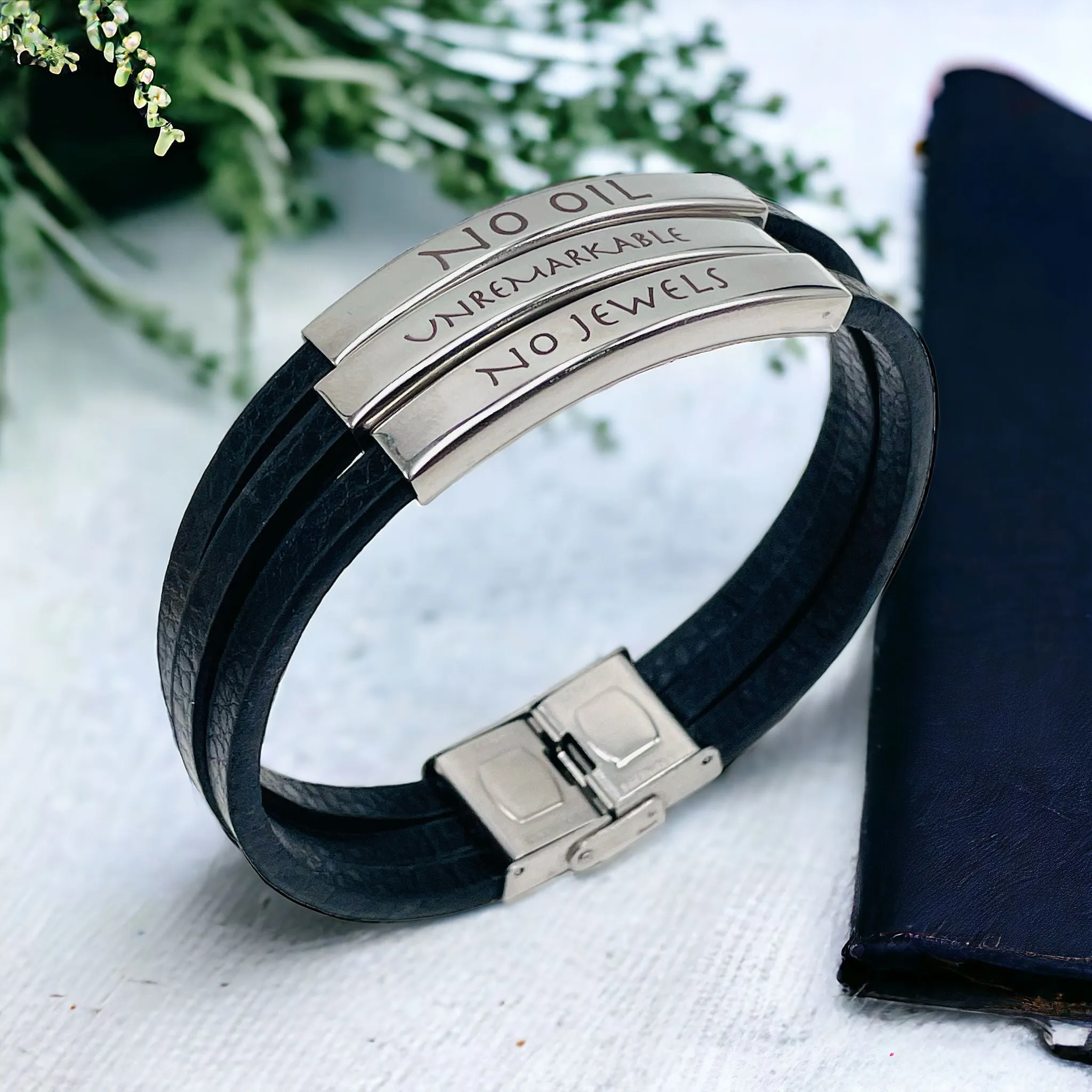 3 Layers Stainless Steel Silver Customized Personalised Laser Engraved Leather Wrist Band ID Bracelet Men