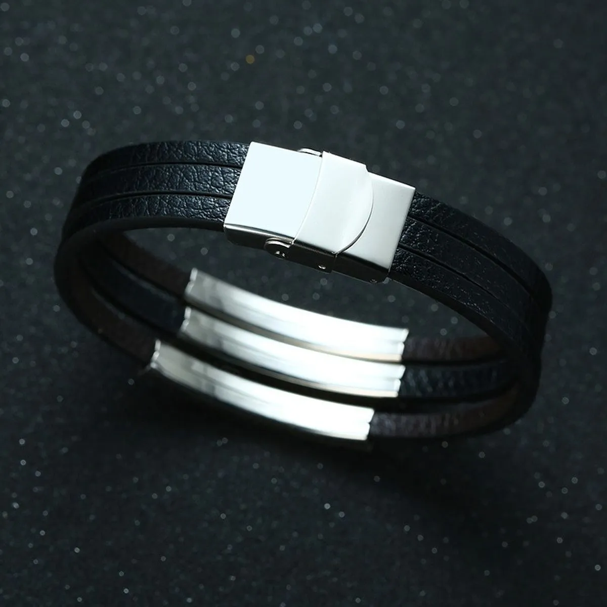 3 Layers Stainless Steel Silver Customized Personalised Laser Engraved Leather Wrist Band ID Bracelet Men