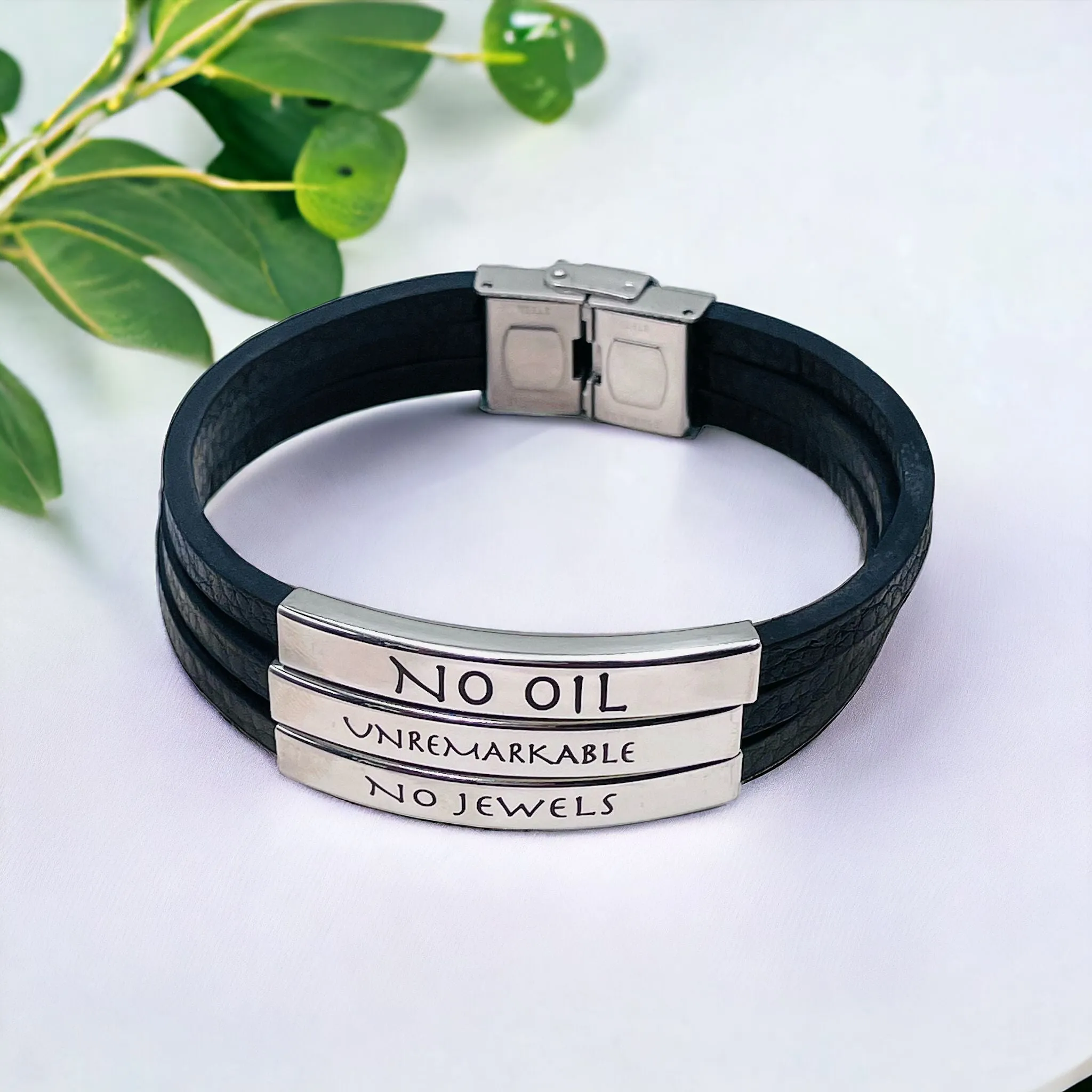 3 Layers Stainless Steel Silver Customized Personalised Laser Engraved Leather Wrist Band ID Bracelet Men