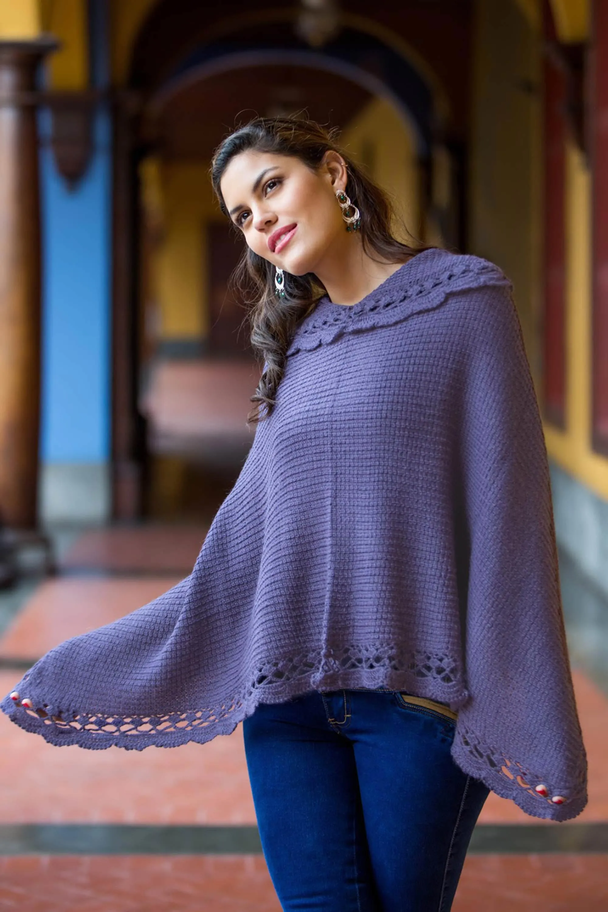 Arequipa Purple Alpaca Wool Blend Poncho from Peru