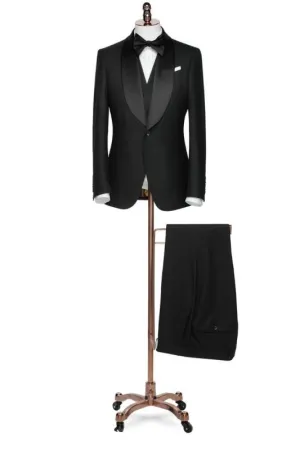 Aries Formal Black Shawl Lapel Three-Piece Suit for Weddings