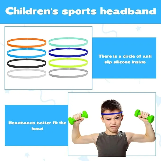 Boys Headband for Kids,8Pcs Nylon & Silicone Elastic Kids Sports Headbands,Non Slip Kids Headbands,Thin Running Hairband