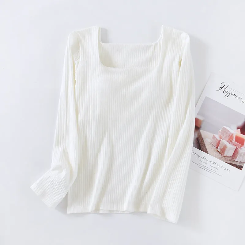 Cotton Long-sleeved Free-wear Bra And Cup Bottoming Shirt With Chest Pad