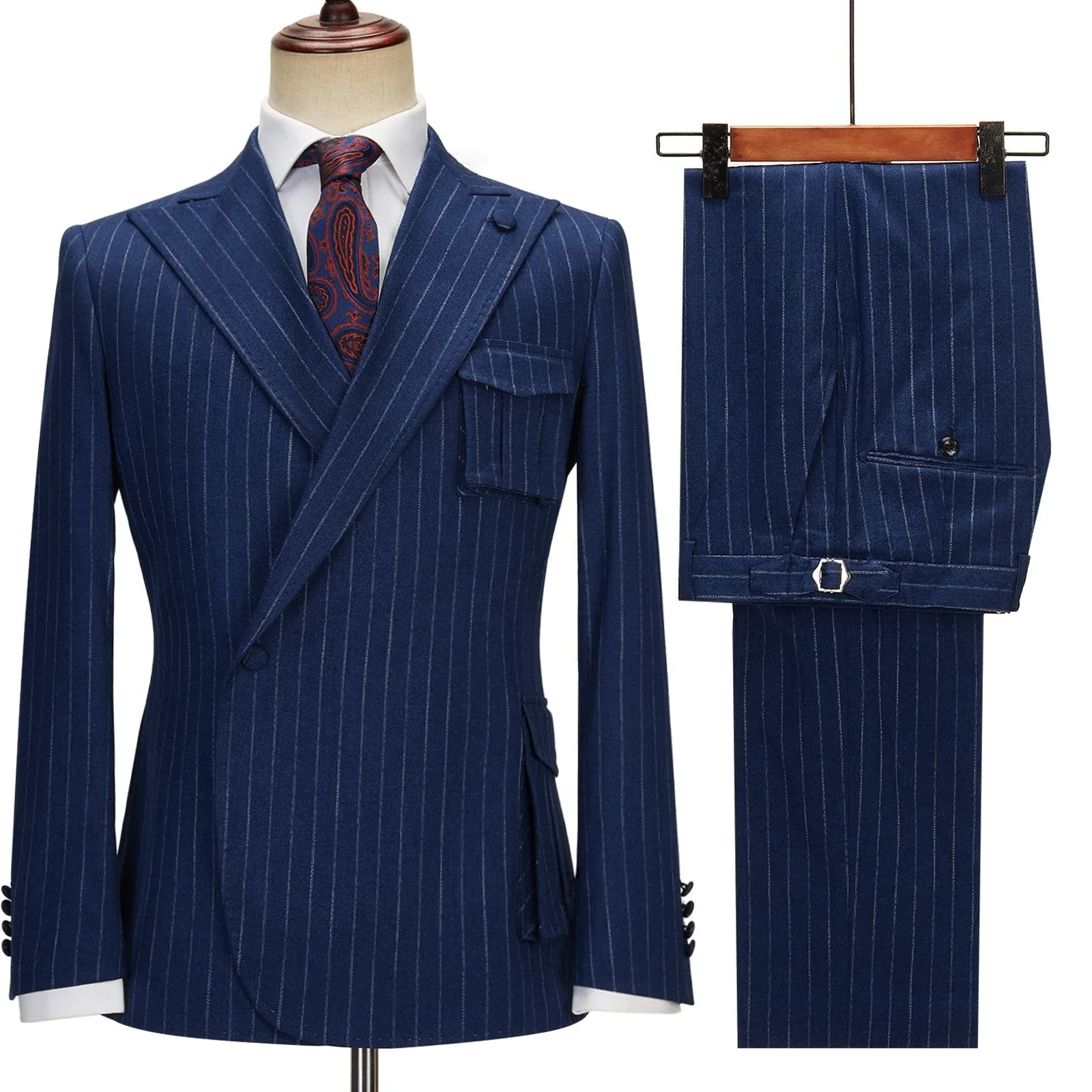 Formal Striped 3 Pieces Mens Peak Lapel Suit Tuxedos (Blazer Pants)