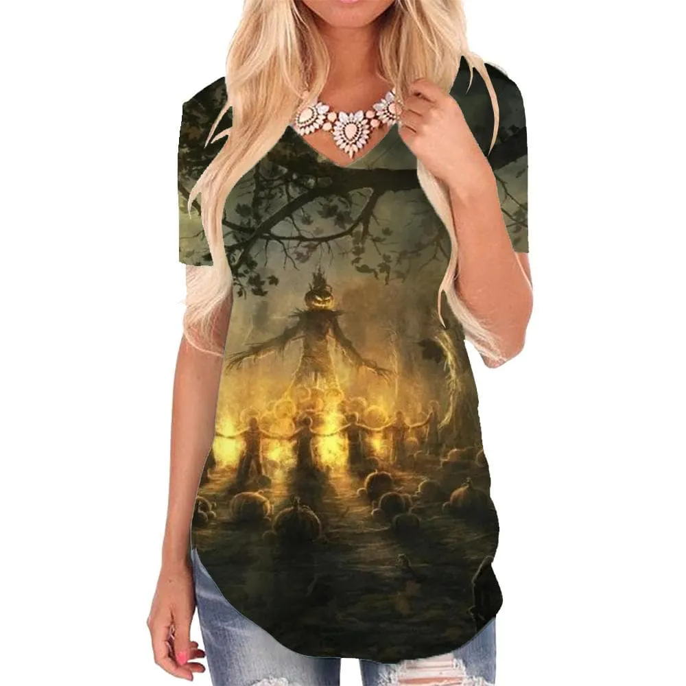 Halloween T Shirt Women Pumpkin T-shirts 3d Bat V-neck Tshirt Tree Funny T shirts