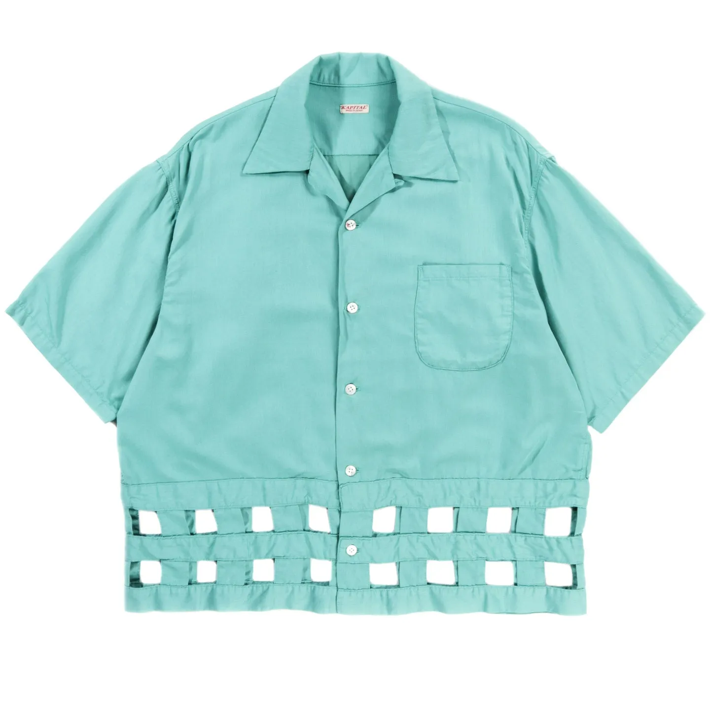 KAPITAL COTTON SATIN WINDOWPANE ALOHA SHIRT TURQUOISE