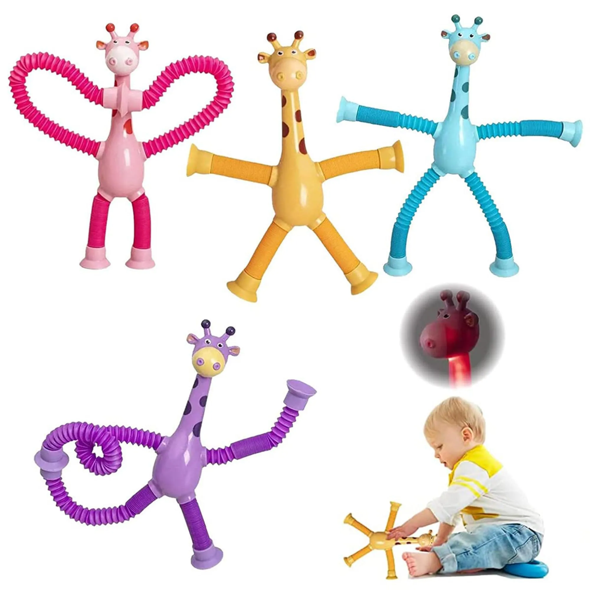 Kidology Telescopic Suction Cup Giraffe Toy, LED Telescopic Pipe with Suction Cup, Shape-Changing Stretch Tube, Parent-Child Interactive Toy Random Colors (Giraffe Figure Set of 2)