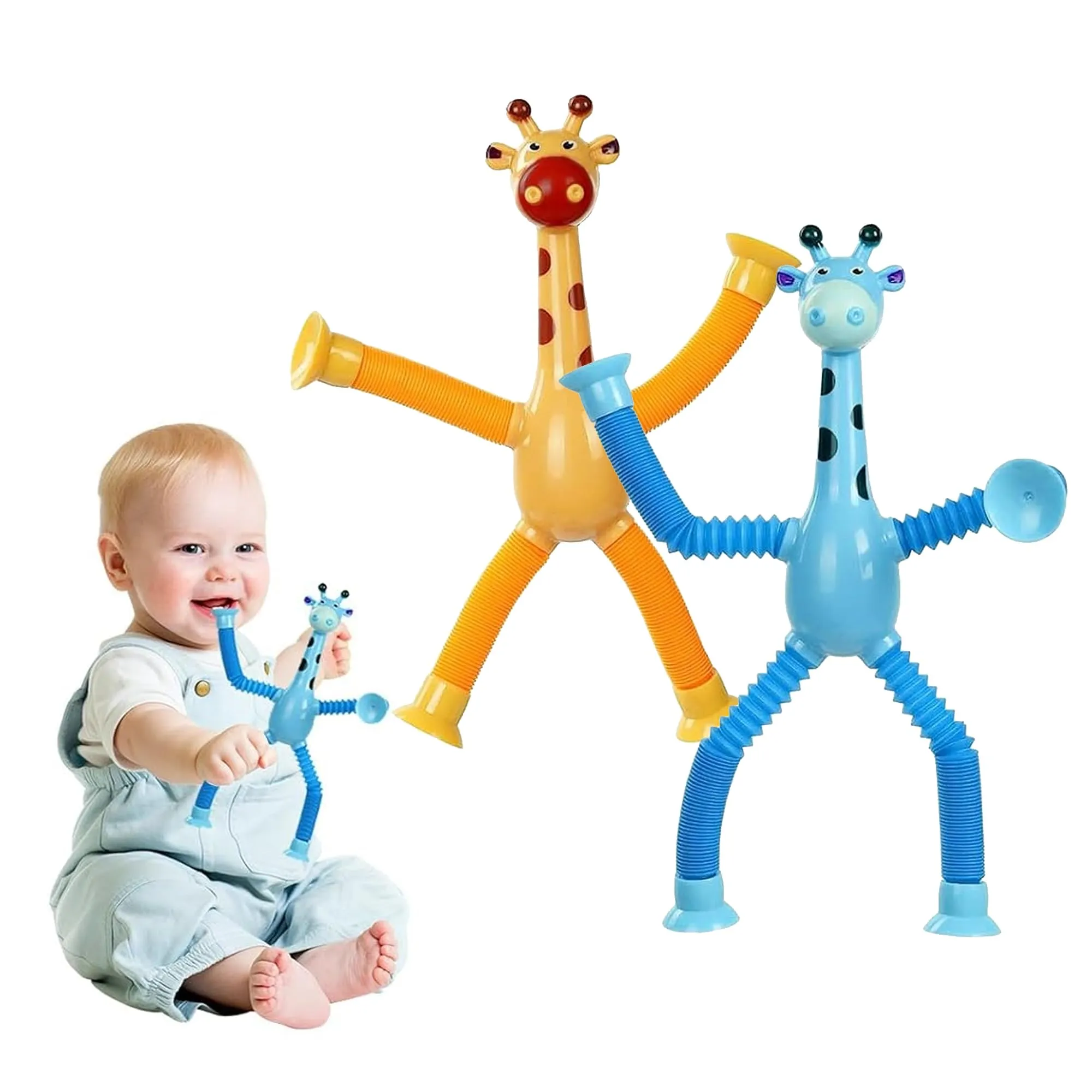 Kidology Telescopic Suction Cup Giraffe Toy, LED Telescopic Pipe with Suction Cup, Shape-Changing Stretch Tube, Parent-Child Interactive Toy Random Colors (Giraffe Figure Set of 2)