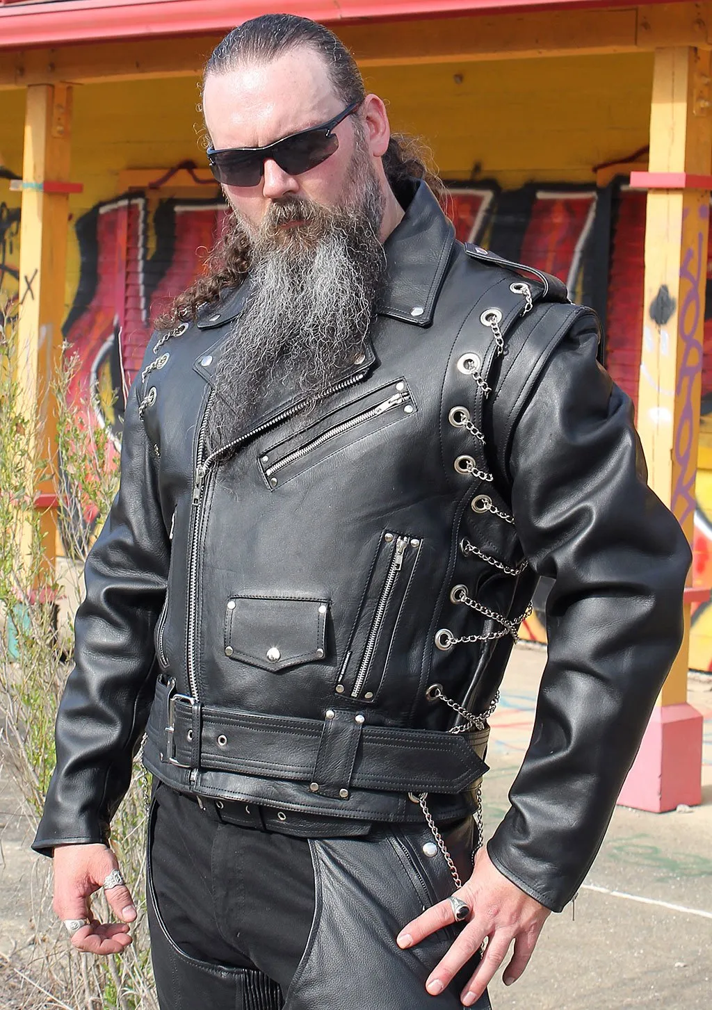 Leather Motorcycle Jacket w/Removable Sleeves #M2601ZCC