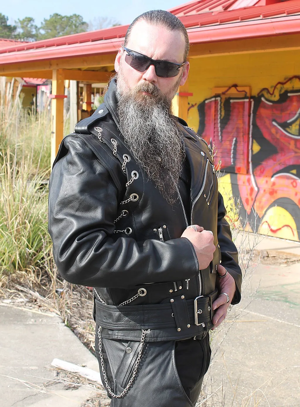 Leather Motorcycle Jacket w/Removable Sleeves #M2601ZCC