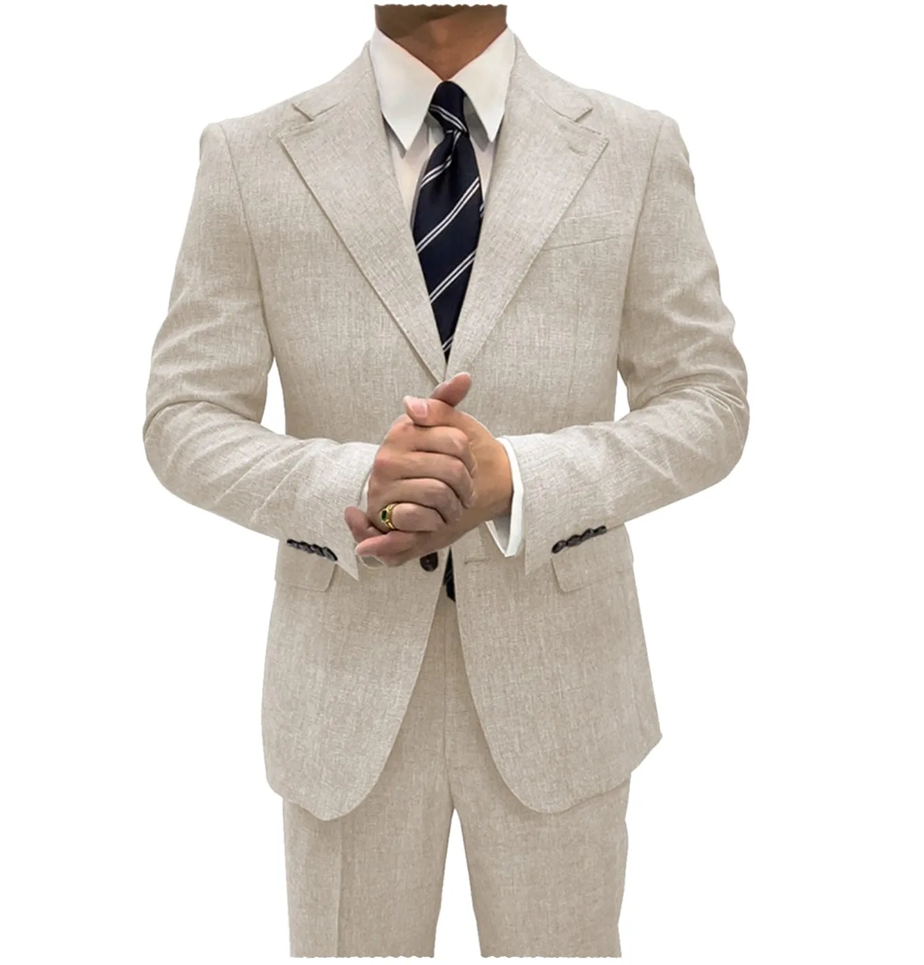 Linen Suits For Men Business 2 Piece Fit Casual Notch Lapel Summer Grooms (Blazer Pants)