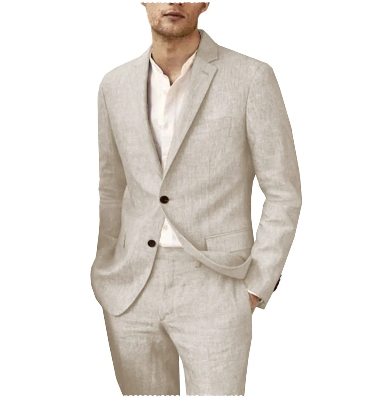 Linen Suits For Men Wedding 2 Piece  Fit Casual Notch Lapel Summer Grooms (Blazer Pants