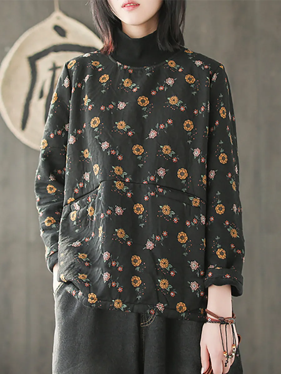 Plus Size Vintage Flower Half-high Collar Spliced Cotton Shirt