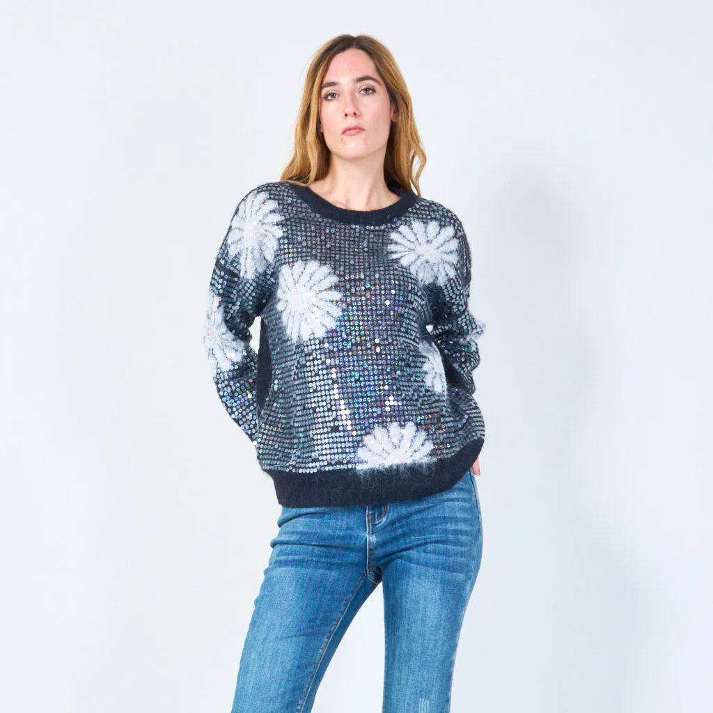 Sequin floral knit sweater wholesale