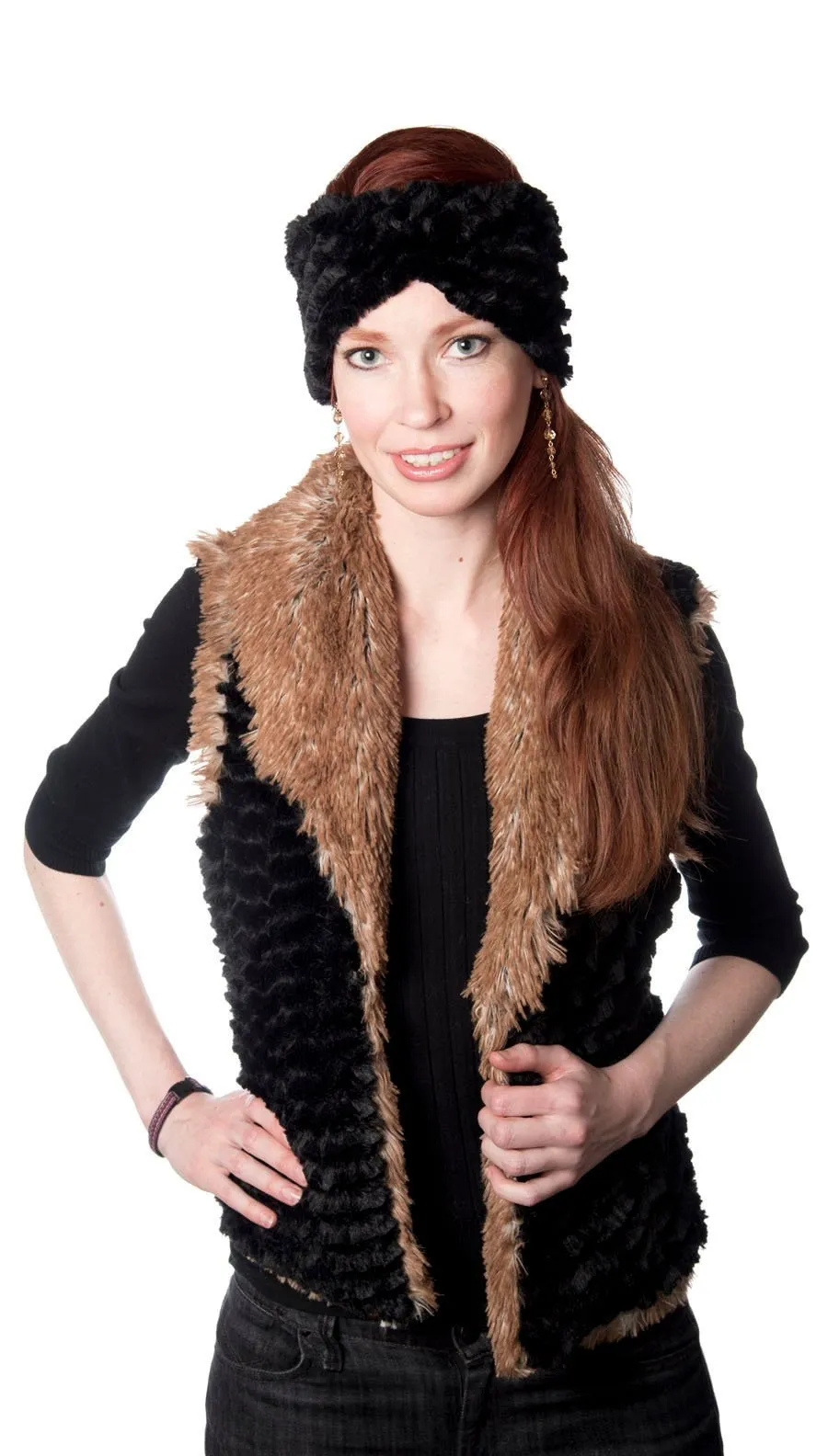 Shawl Collar Vest, Reversible less pockets - Cuddly Faux Fur with Red Fox