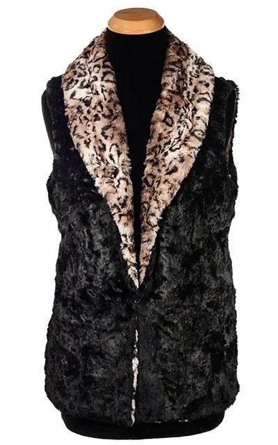 Shawl Collar Vest, Reversible less pockets - Luxury Faux Fur in Carpathian Lynx with Cuddly Fur in Black