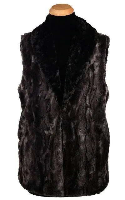 Shawl Collar Vest, Reversible less pockets - Luxury Faux Fur in Espresso Bean with Cuddly Fur in Black