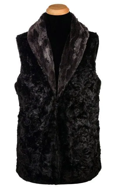 Shawl Collar Vest, Reversible less pockets - Luxury Faux Fur in Espresso Bean with Cuddly Fur in Black