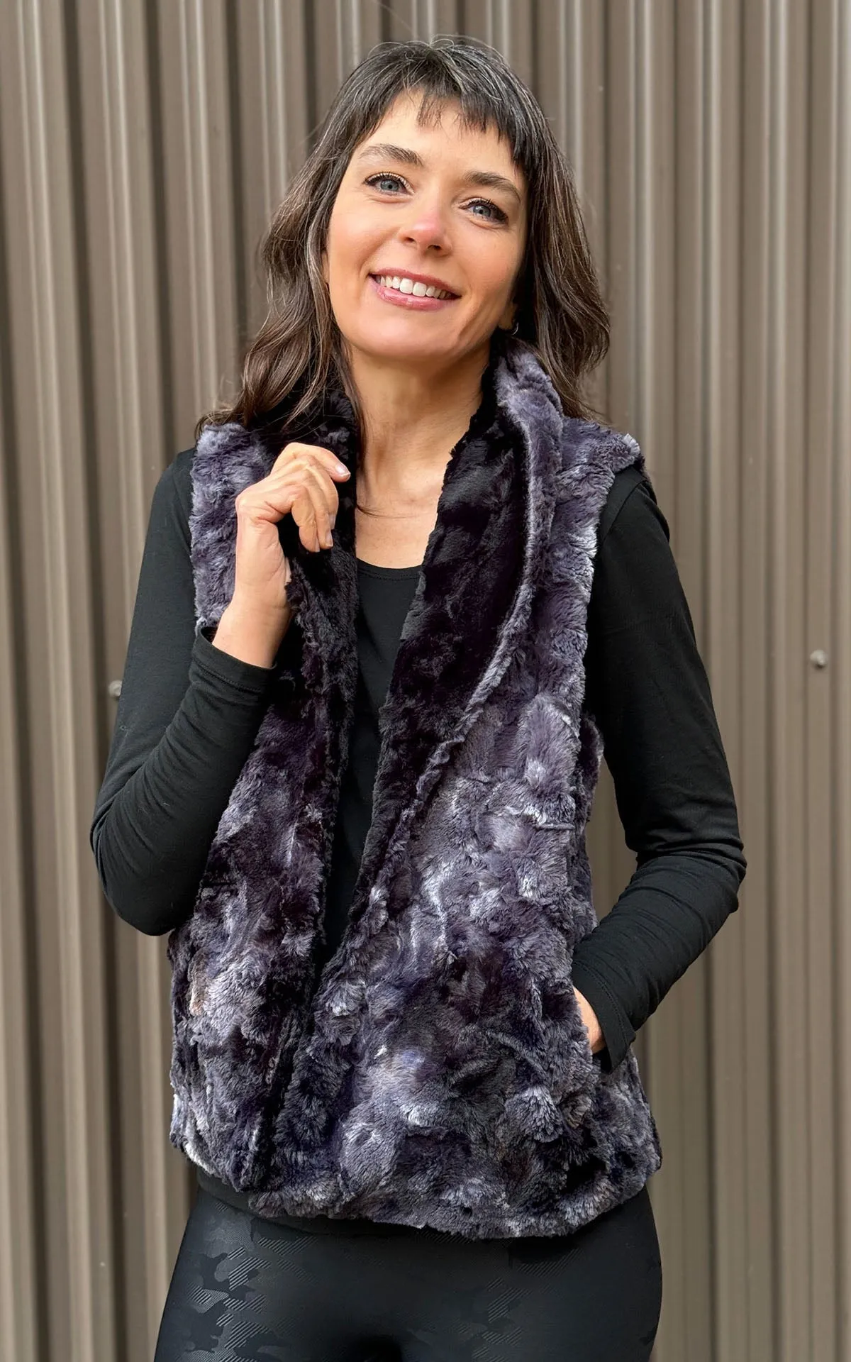 Shawl Collar Vest, Reversible less pockets - Luxury Faux Fur in Highland Skye with Assorted Faux Furs