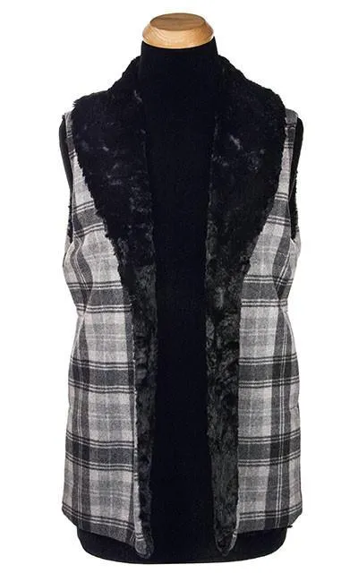 Shawl Collar Vest, Reversible less pockets - Wool Plaid with Cuddly Faux Fur (One Long Medium Twilight Left)