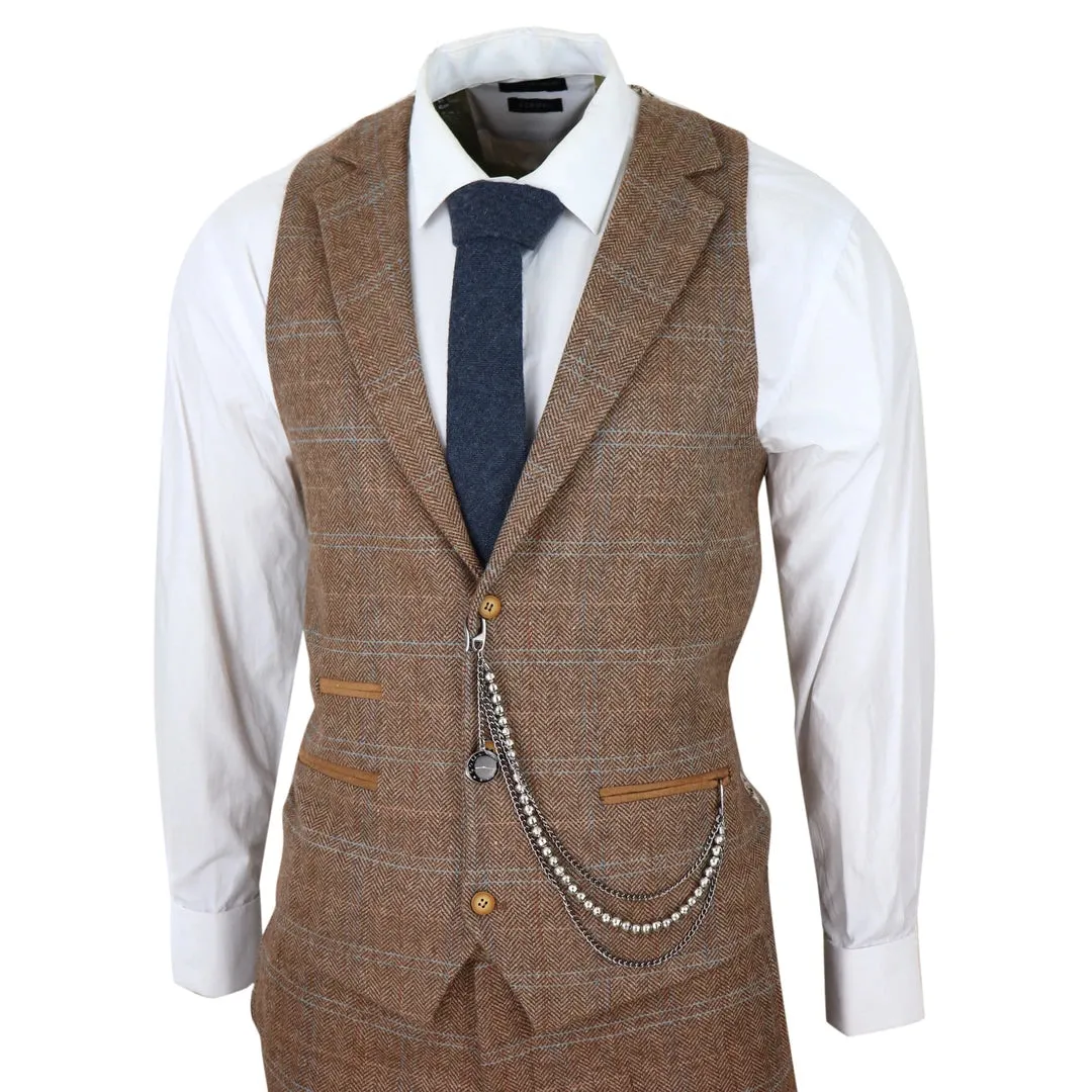 STZ73 - Men's 3 Piece Suit Wool Tweed Herringbone Tan Brown Blue Check 1920s Gatsby Formal Dress Suits