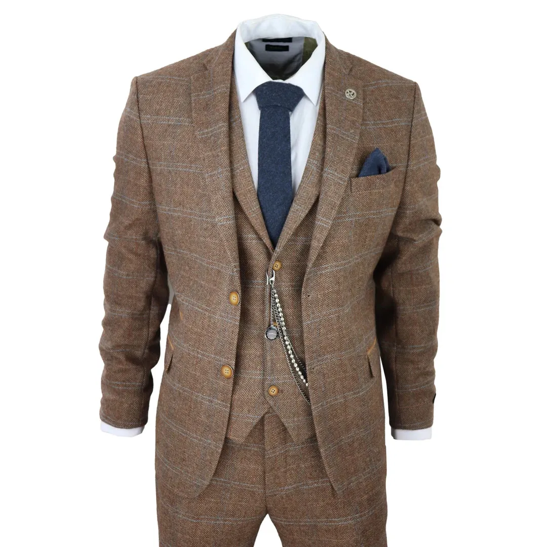 STZ73 - Men's 3 Piece Suit Wool Tweed Herringbone Tan Brown Blue Check 1920s Gatsby Formal Dress Suits