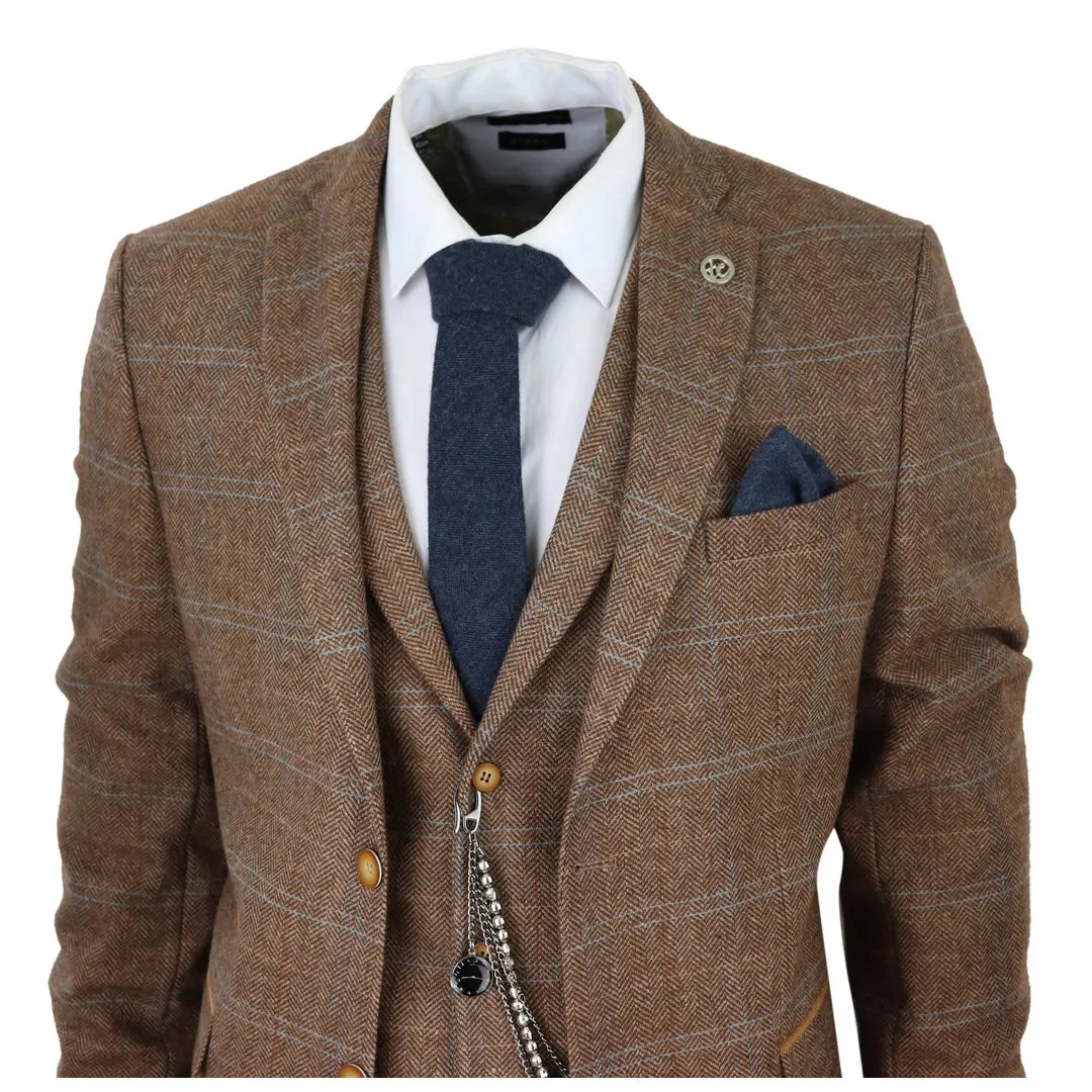 STZ73 - Men's 3 Piece Suit Wool Tweed Herringbone Tan Brown Blue Check 1920s Gatsby Formal Dress Suits