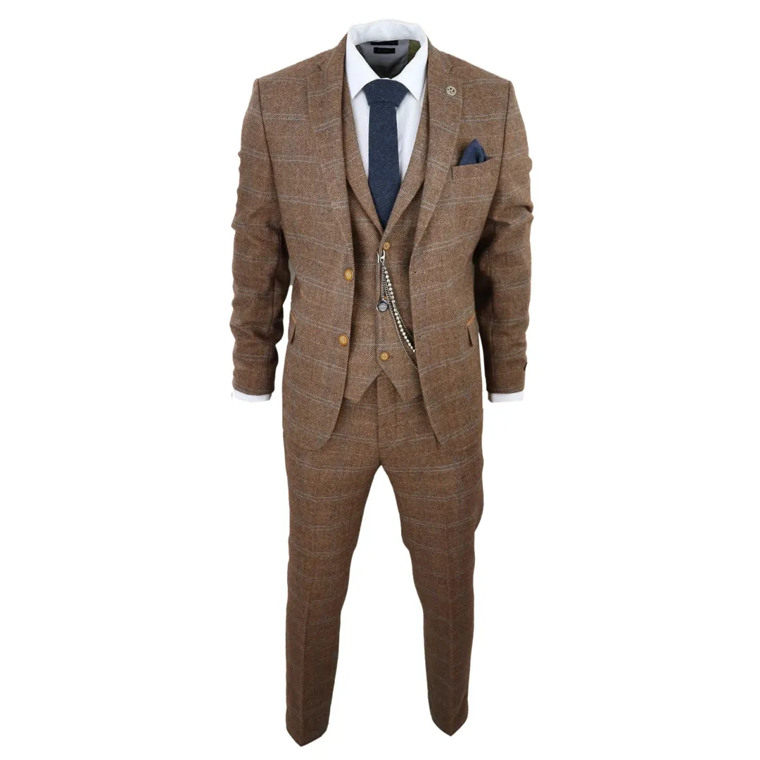 STZ73 - Men's 3 Piece Suit Wool Tweed Herringbone Tan Brown Blue Check 1920s Gatsby Formal Dress Suits