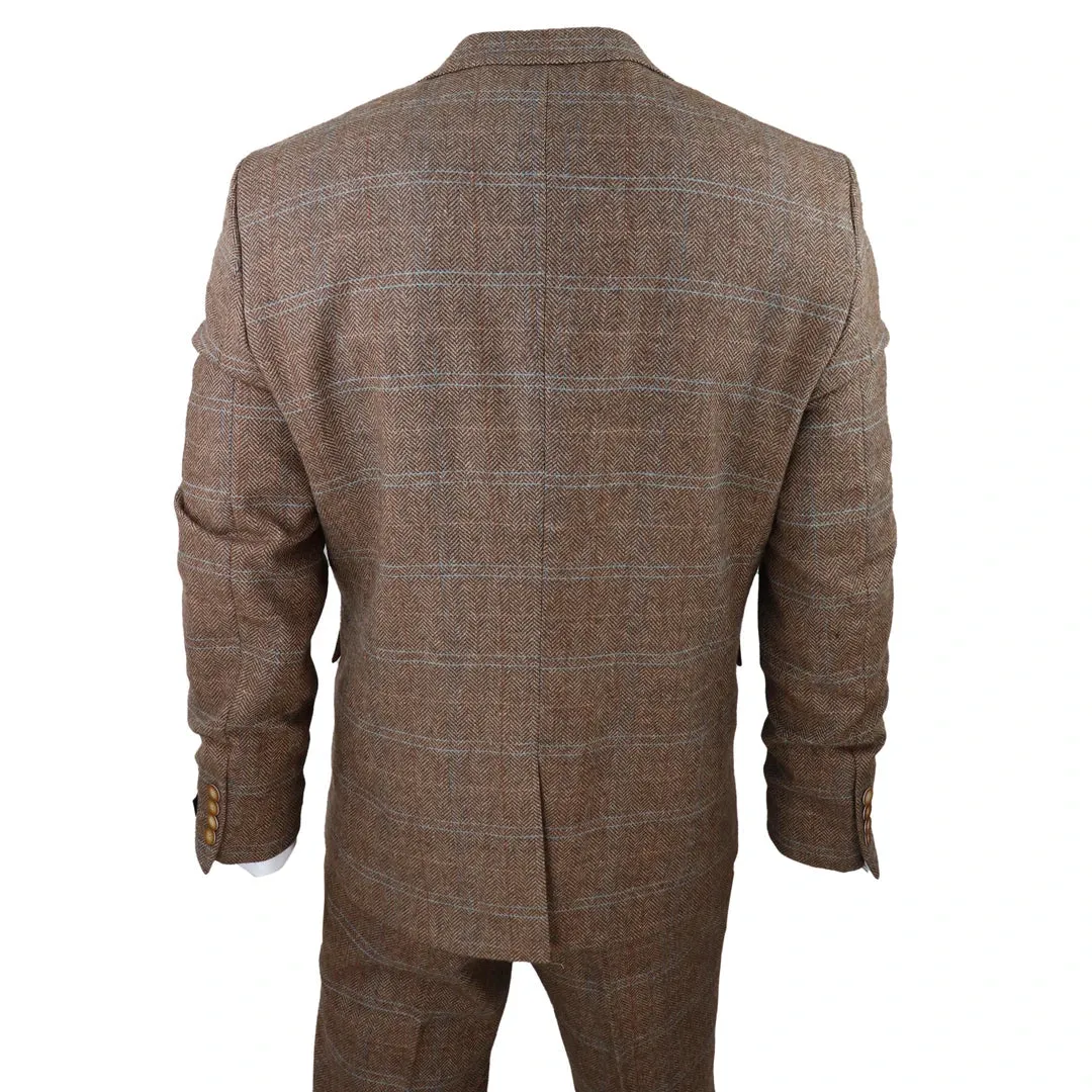 STZ73 - Men's 3 Piece Suit Wool Tweed Herringbone Tan Brown Blue Check 1920s Gatsby Formal Dress Suits