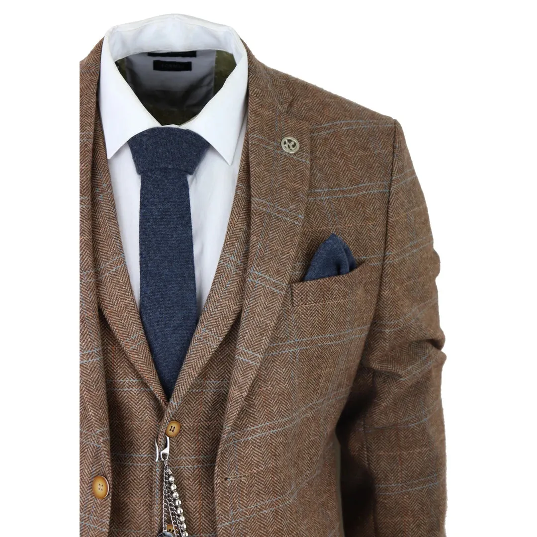 STZ73 - Men's 3 Piece Suit Wool Tweed Herringbone Tan Brown Blue Check 1920s Gatsby Formal Dress Suits