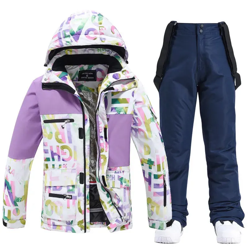 Unisex Patchwork Ski Snow Jacket & Bibs Outdoor Snowwear