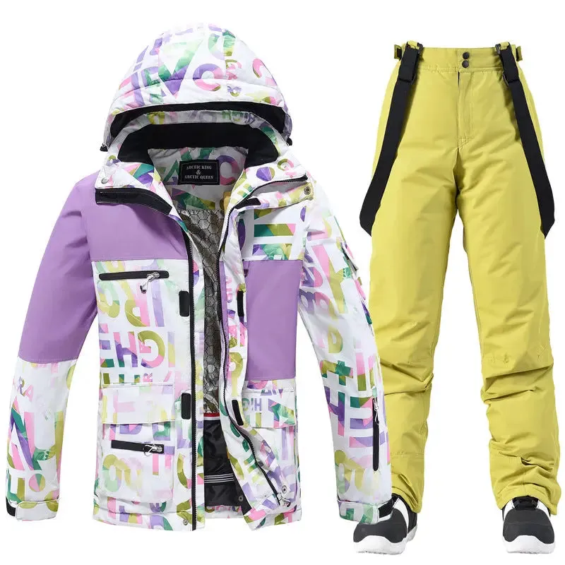 Unisex Patchwork Ski Snow Jacket & Bibs Outdoor Snowwear