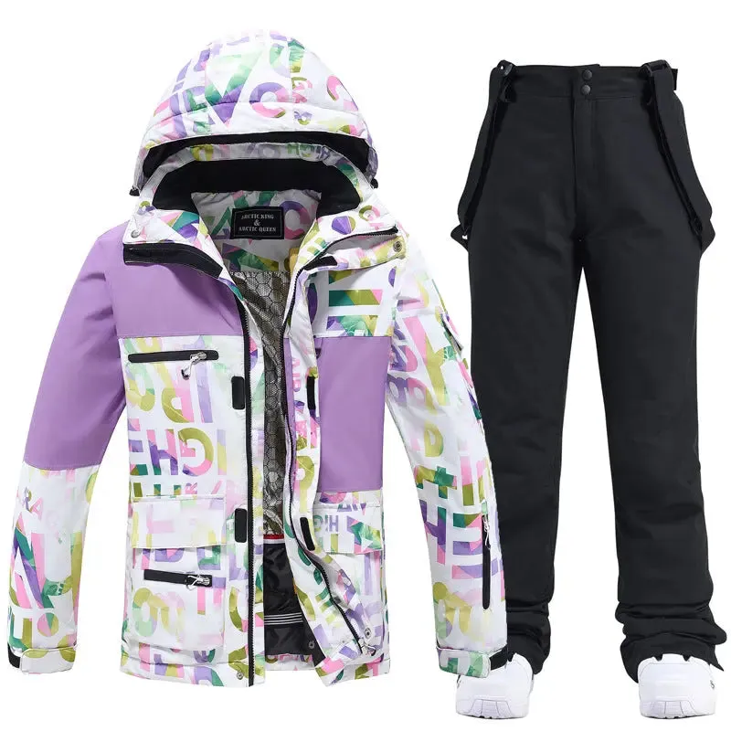 Unisex Patchwork Ski Snow Jacket & Bibs Outdoor Snowwear