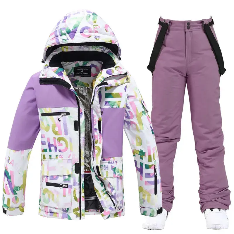 Unisex Patchwork Ski Snow Jacket & Bibs Outdoor Snowwear