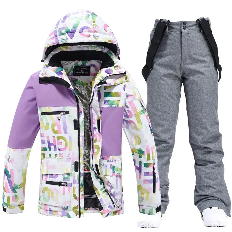 Unisex Patchwork Ski Snow Jacket & Bibs Outdoor Snowwear