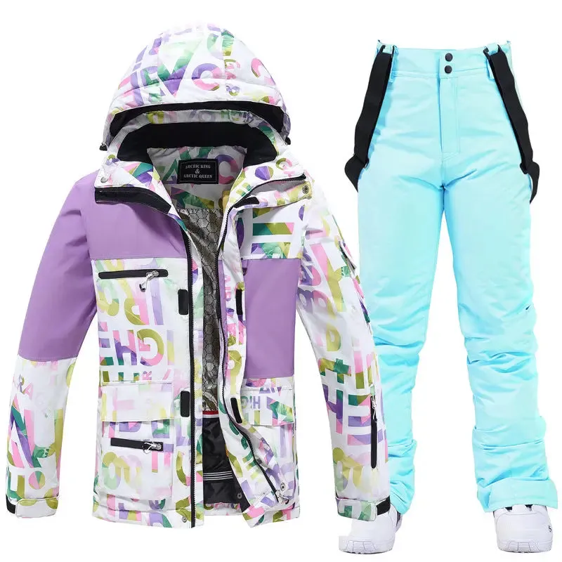 Unisex Patchwork Ski Snow Jacket & Bibs Outdoor Snowwear