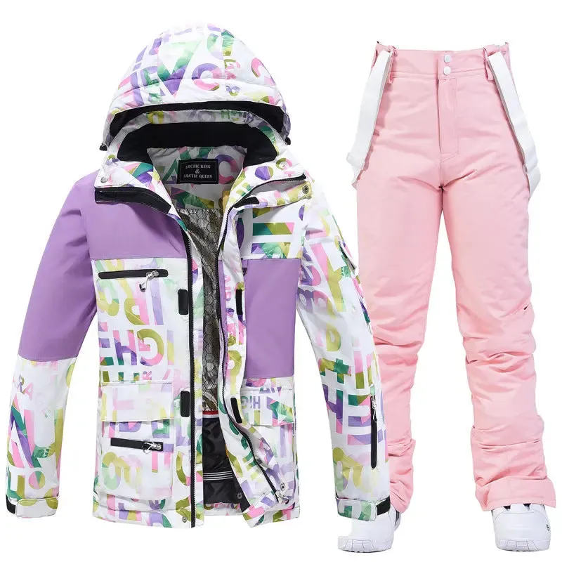 Unisex Patchwork Ski Snow Jacket & Bibs Outdoor Snowwear