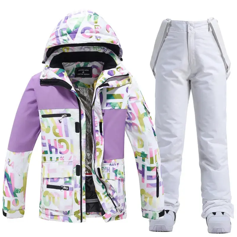 Unisex Patchwork Ski Snow Jacket & Bibs Outdoor Snowwear