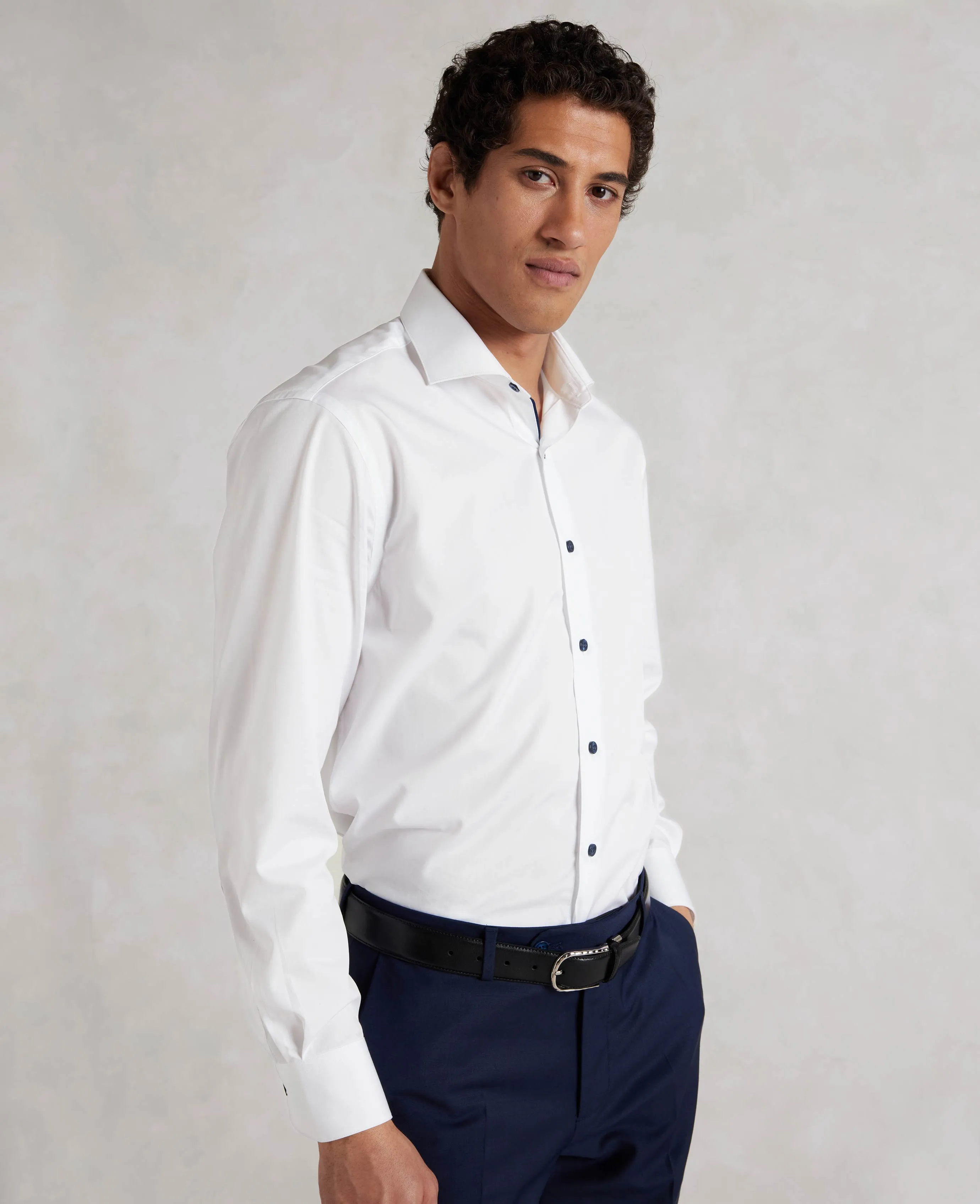 White Slim Fit Contrast Button Smart-Casual Shirt - Single Cuff